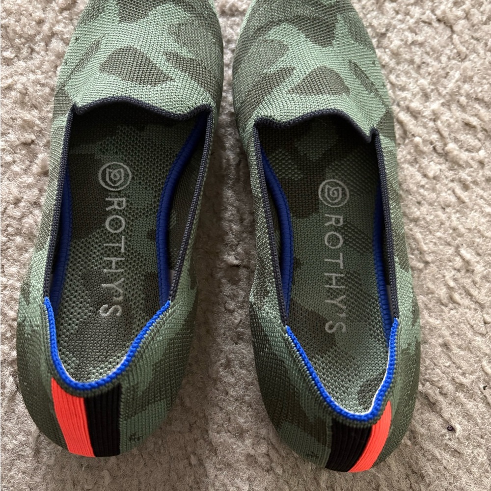 Rothy's Camouflage Green Slip-Ons with Orange and Blue Accents